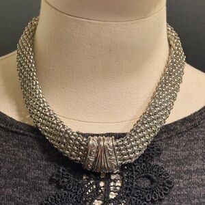 VTG 18" choker & 8" bracelet Silvertone Etruscan Revival style jewelry set mesh